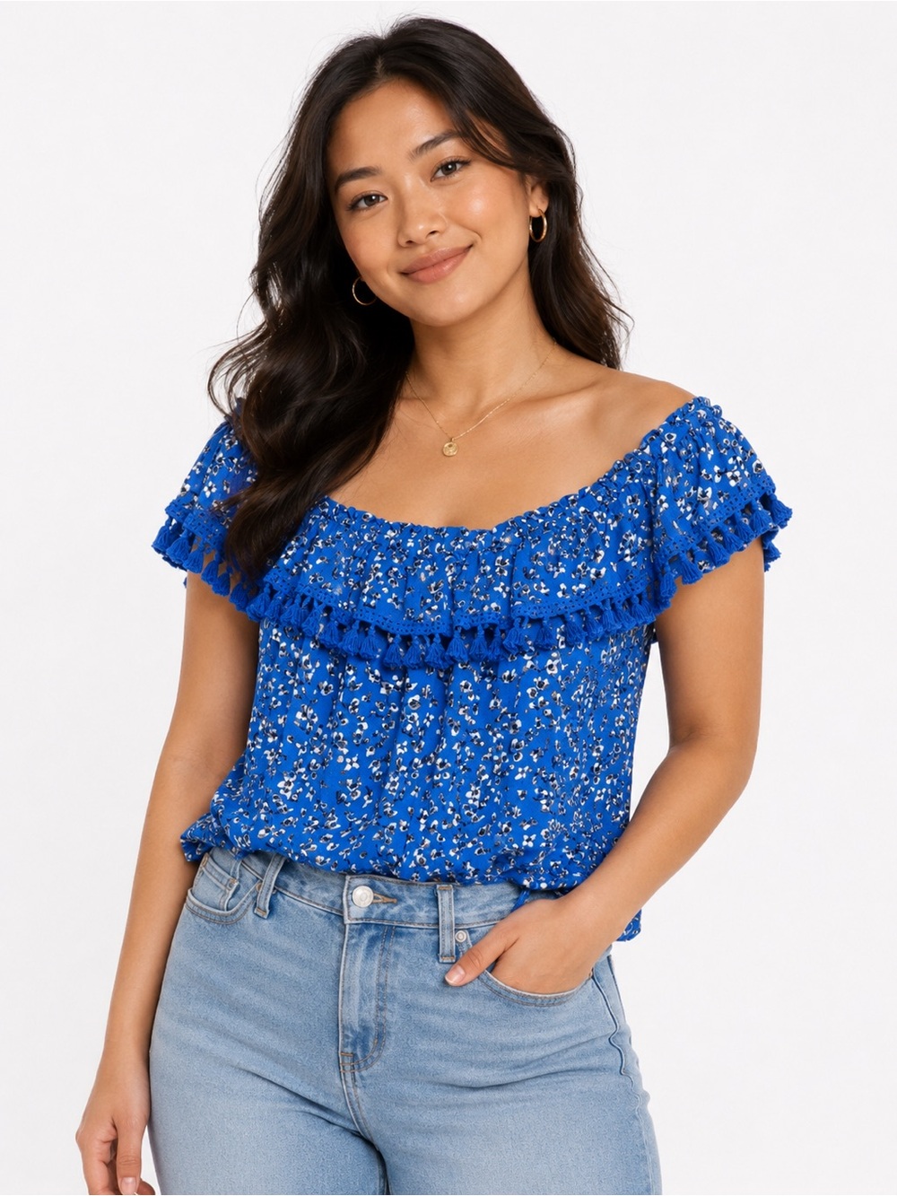 All in Favor Blue off shoulder‎ Floral Top with tassels, Size XL, NWT